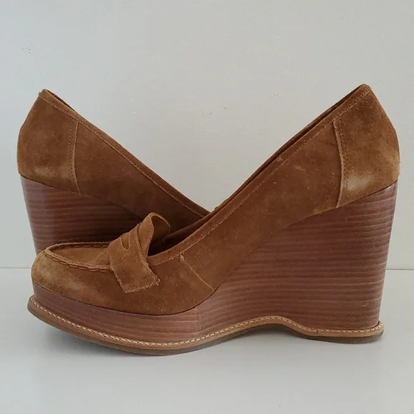 Michael Kors leather loafer wedges in luggage suede 10m - Picture 5 of 9